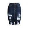 Europe and America street fashion ladies dark blue washed ripped tassels slim pencil women jeans skirt