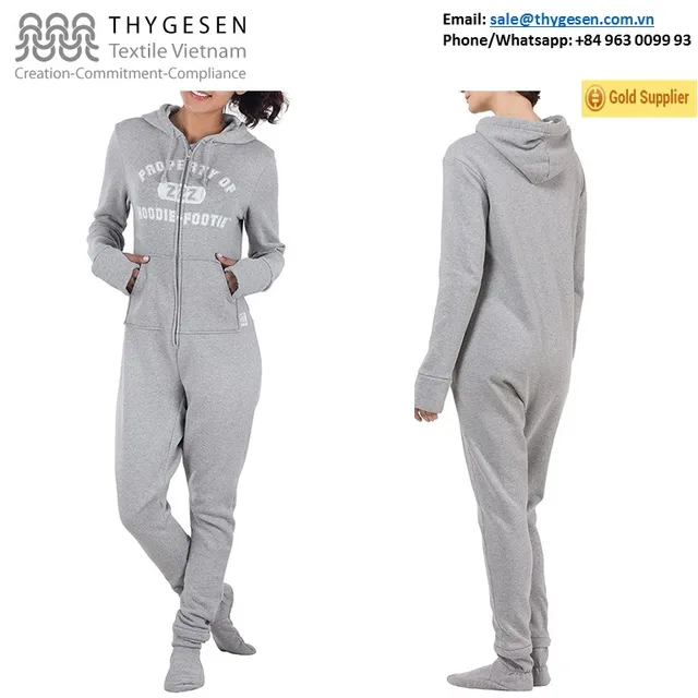 2018 oem 100% cotton fleece hoodie footie onesie adult jumpsuit