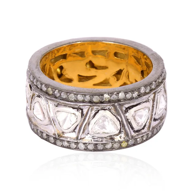 indian rose cut diamond gold 14kt band ring silver 925 sterling