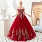 Off shoulder golden appliques pattern antique elegant evening dress quinceanera dresses