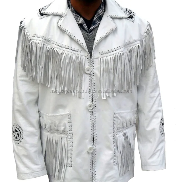 style men"s white fringes & braided western style cowboy