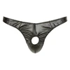Men's black thong in leather with frontal opening Sexy elastic bands