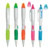 Advertising 2 in 1 durable plastic white barrel clip clear cover twin tips side pusher ball pen multi colored highlighter pen