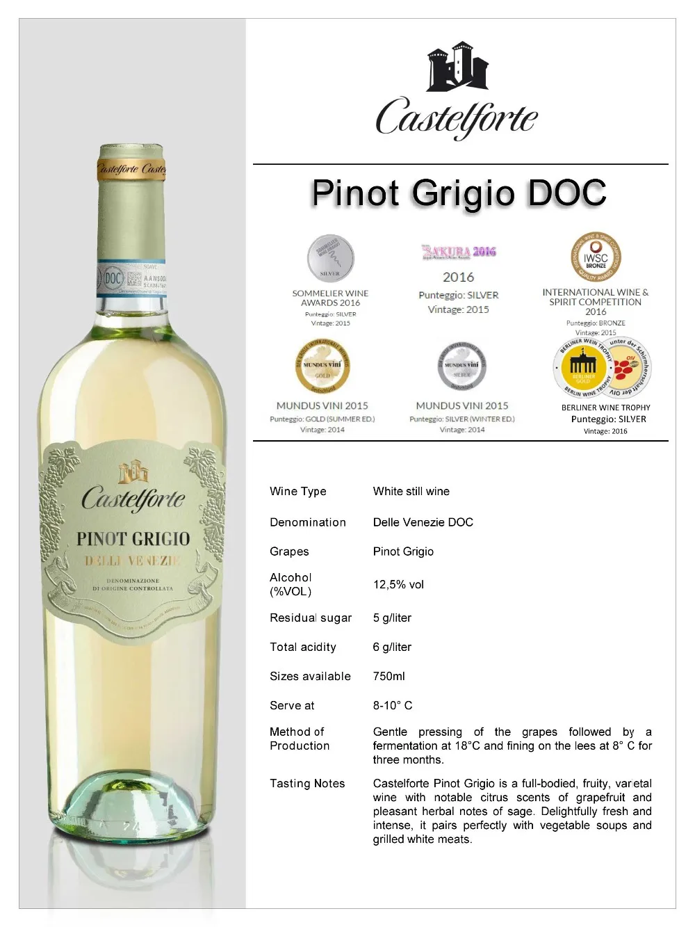 pinot grigio doc white still wine 750ml