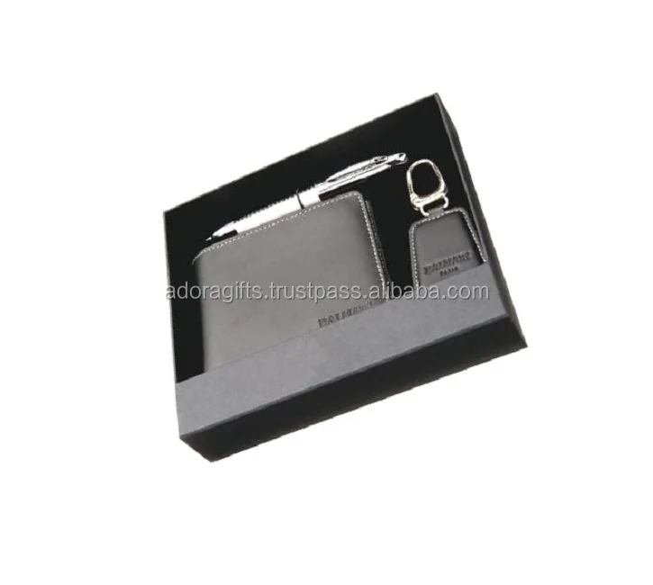 leather gift set included leather wallet , leather key chain an