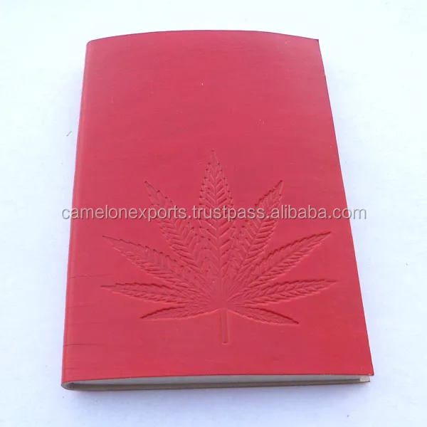 leather journal red color hand crafted journal with hemp leaf