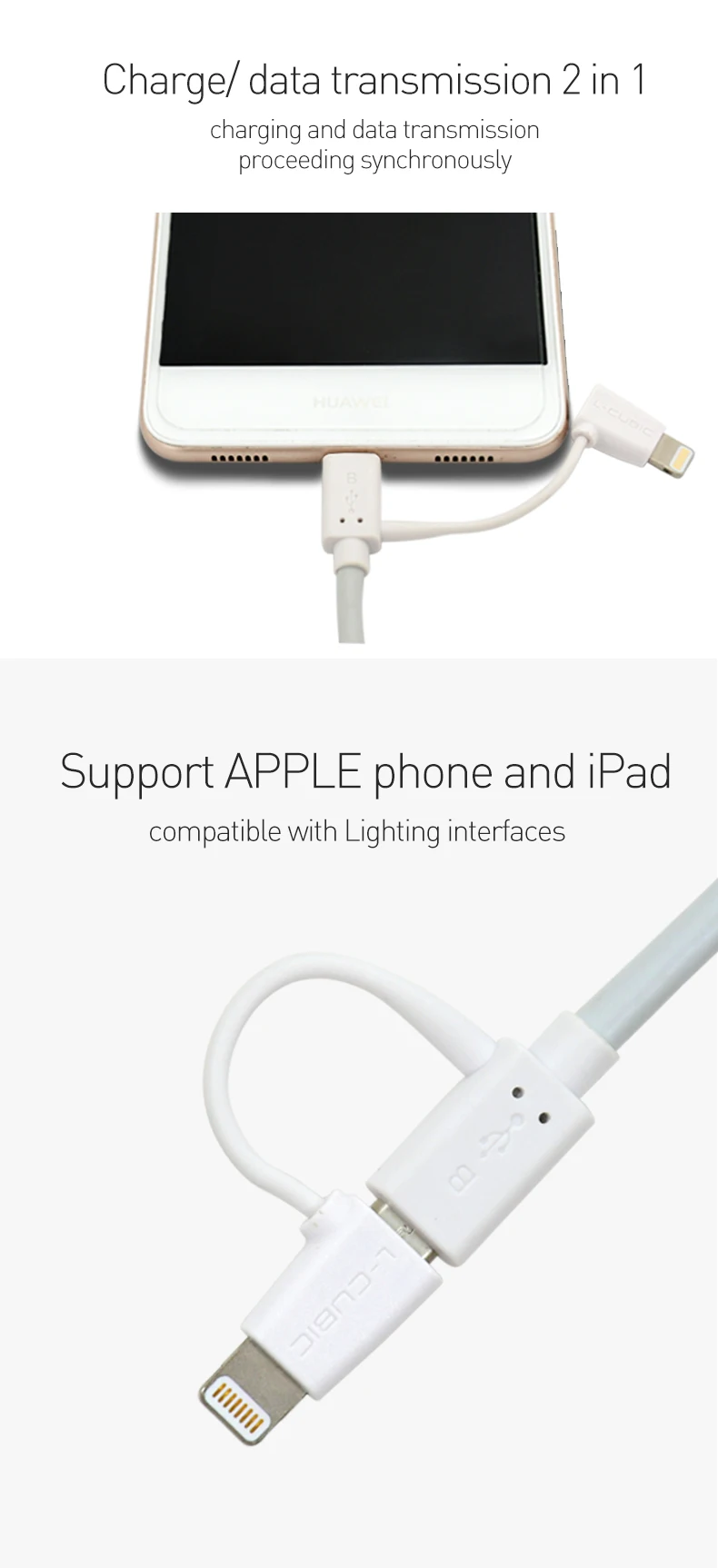 L-CUBIC Wholesale universial mobile data cable 2 in 1 charging data micro usb cable for iphone android phone - ANKUX.COM