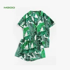 MGOO Custom Palm Leaf Print Pj Set Revere Collar Short Pajama Satin Nightwear with Piped Trim