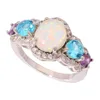 White Opal Aquamarine Amethyst Zircon Silver Women Jewelry Gems Ring Sz 8