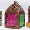 Patterned Glass Small Moroccan Indian Lantern Antique Copper Multicolor Hanging / Table Metal Tea Light Candle Holder