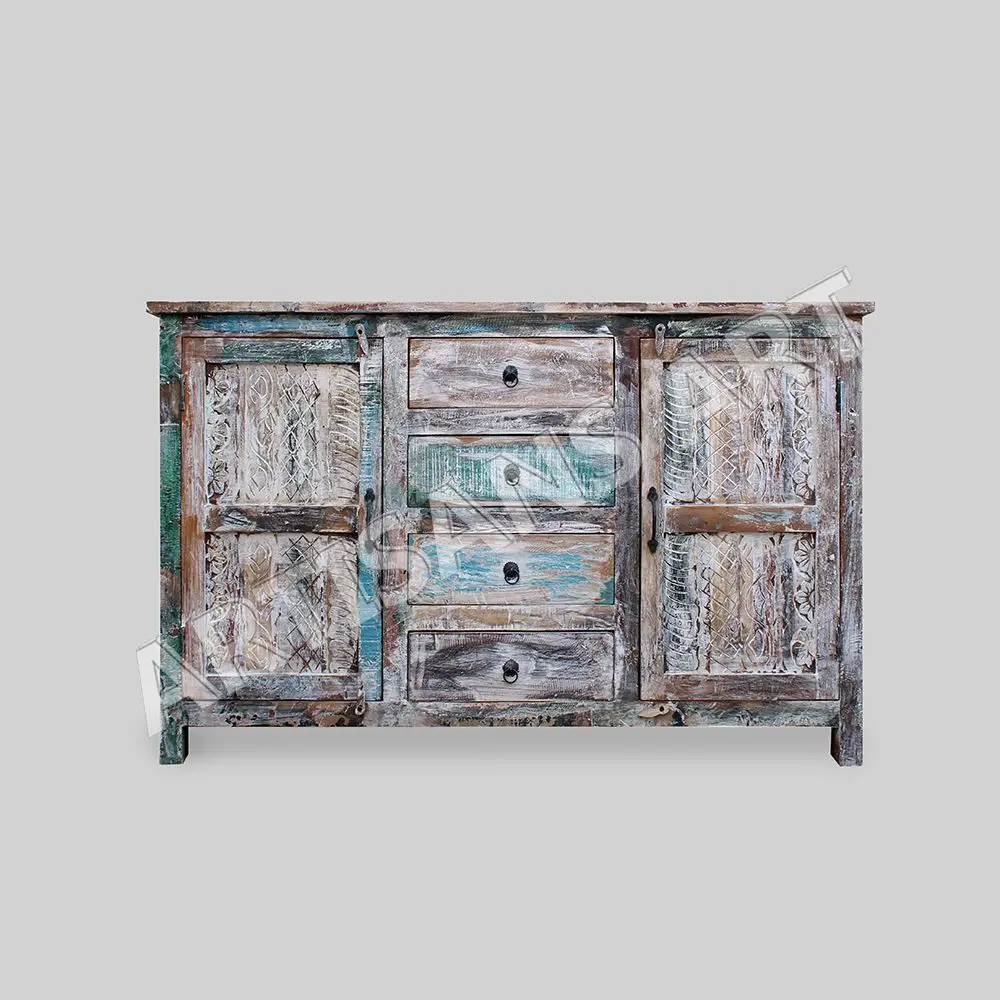 Whitewashed Reclaimed Wood 2 Door 4 Drawer Sideboard Hand Finished