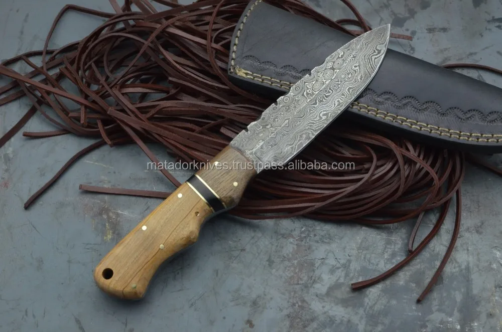 damascus knife custom handmade tracker knife in blue pakka woo