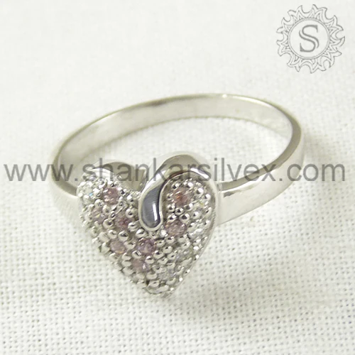 girls love gift heart design pink cz, white cz silver ring 925