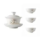 Set of 4 Classy Ceramic Gaiwan Cup Tea Set with Porcelain Lid Saucer