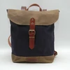 Waxed canvas rucksack/backpack, navy blue color,base stone gray, with handles, leather ,hand wax LHB 0077