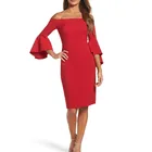 Red Women Casual Clothing Off Shoulder Bell Long Sleeve Dresses Lady