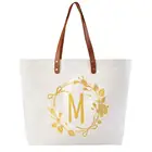 ElegantPark M Initial Personalized Gift Monogram Tote Bag with Interior Zip Pocket Canvas PU handle