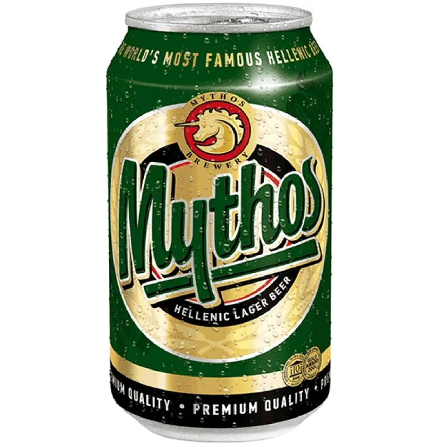 mythos - greek lager beer in metal tin can packaging 4 pack x 6