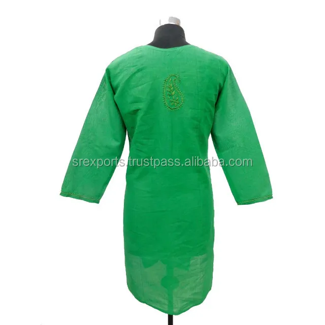 women wear dark green colorful chicken embroidered kurti