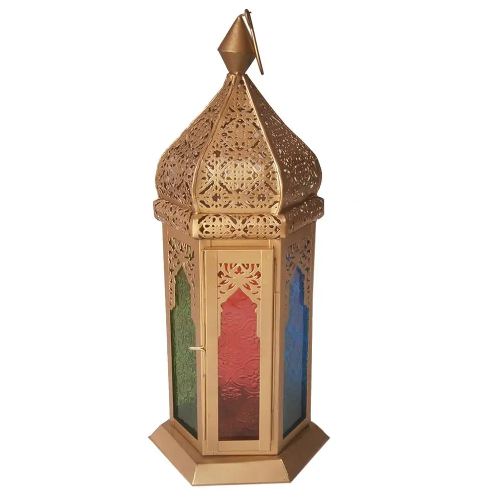 Metalen Antieke Kleurrijke Glas Mini Marokkaanse Opknoping Lampen Lantaarns Tafel Top Kaars Lantaarns Voor Decoratie