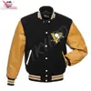 Custom PENGUINS black tan Patches & Embroidery Artwork varsity wool jacket with leather sleeves Sports team,Sports Clubs