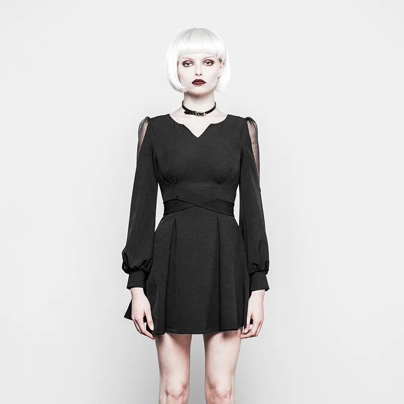 Панк рейв Готический женский черный пыхтел частично прозрачные рукава вечернее коктейльное мини-платье OPQ-298