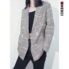 Fashion lady brown checks double-breasted suit Loose