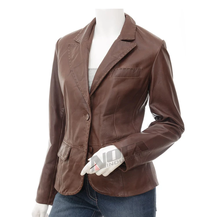 La mejor calidad de cuero genuino 100% mujeres chaqueta marrón de moda de las mujeres chaqueta de cuero