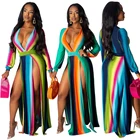 Wholesale Women's Printed Sexy Deep V-neck Long Sleeve Wrap High Slit Maxi Club Dress
