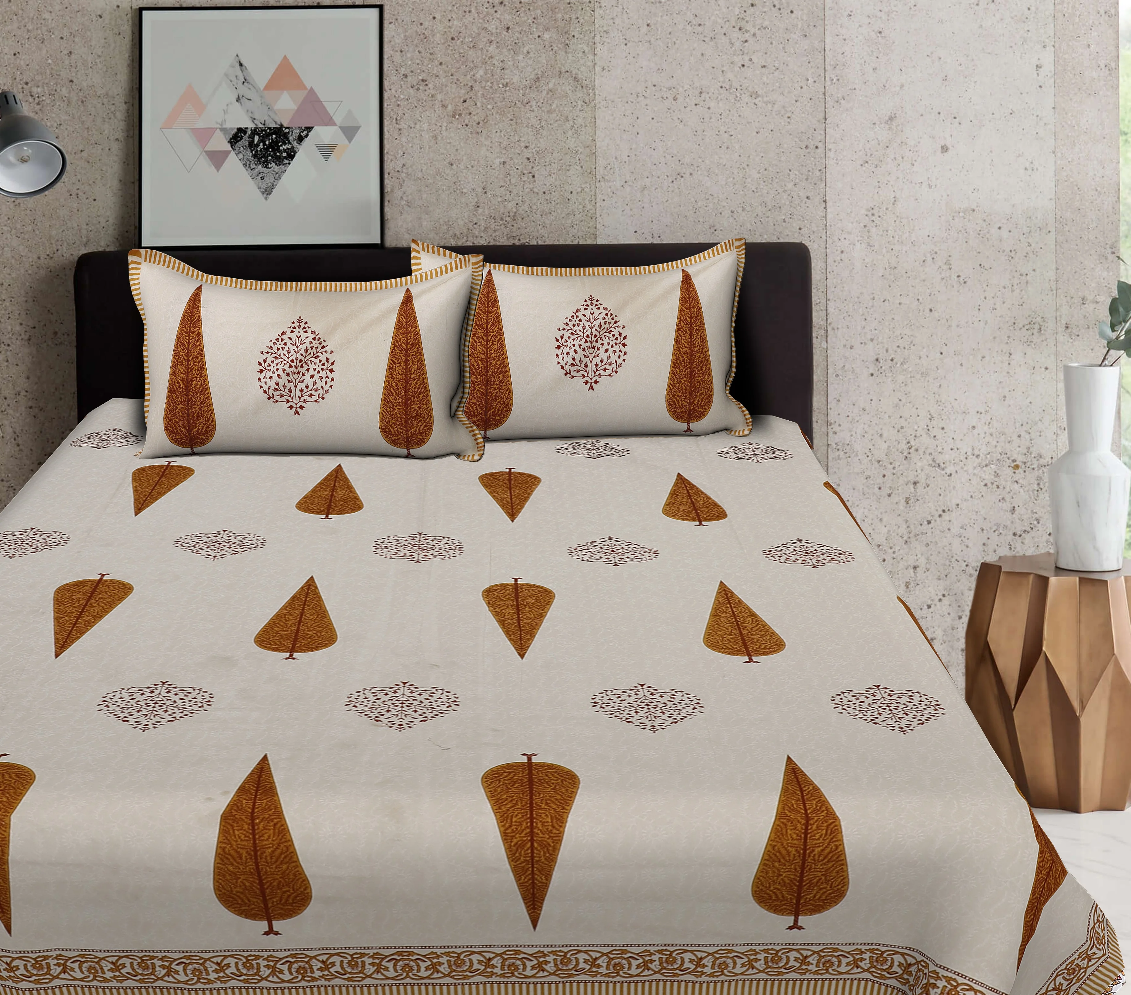 Luxus indian bedruckte schöne bettdecke set mit hoher qualität 100% baumwolle blatt drucken senf farbe bettdecke