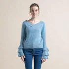 2019 V-neck Long Layered Sleeve Winter Women Rabbit Fur Sweater