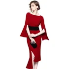 New sexy red evening dress 3/4 sleeve irregular ball gown formal evening dress