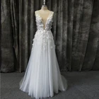 Real Deep V neck backless applique flower Wedding dress bridal gown