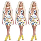 sexy mini sleeveless backless v-neck white printed club dresses for women HM6019