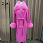 New fashion ladies cashmere pink wool coat real fox fur collar peacoat double breasted coat women long wool trench coat