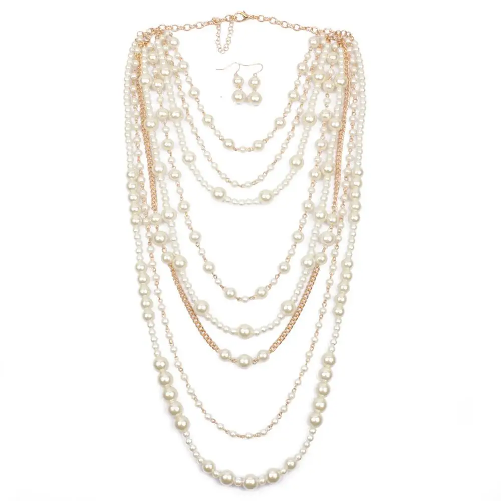 Multicapa cadena Cadena de perlas de imitación de aleta cuentas racimo largo collar de Gargantilla