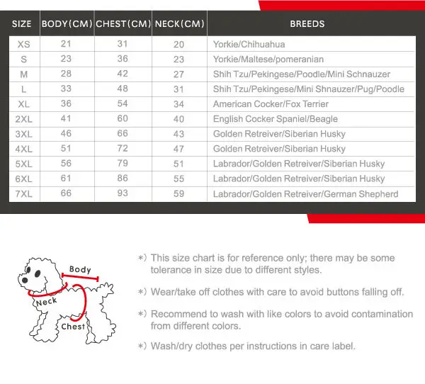 Cat Clothing Size Chart