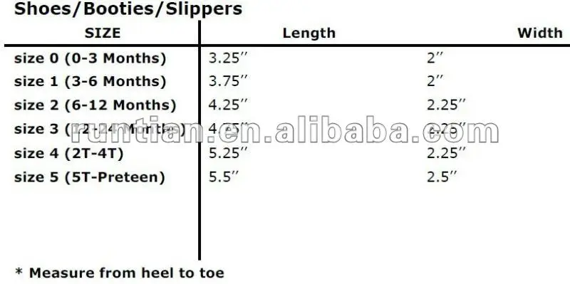 Crochet Shoe Size Chart
