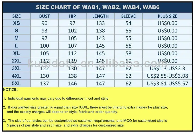 Arabic Size Chart