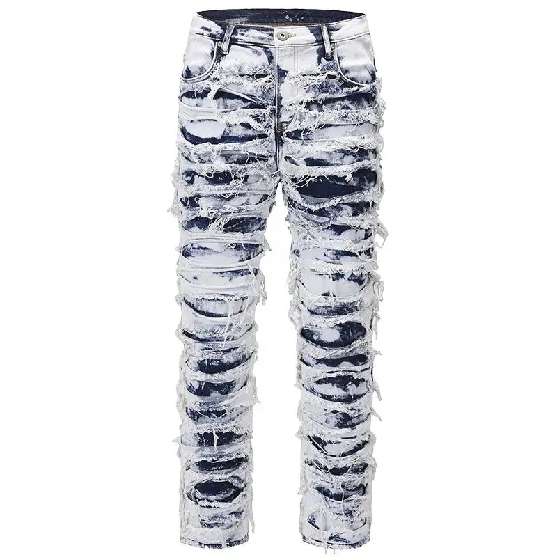 WORK OUT - Jean empilé en denim vieilli de style personnalisé pour hommes_voghion.com