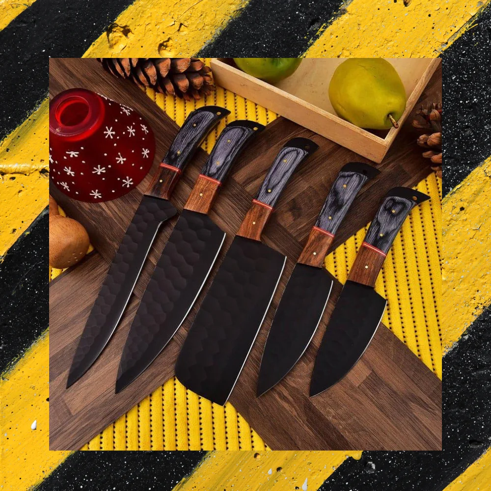 J2 Japanese Damascus Kitchen Chef 5 Pcs Knives Set With Pakka Wood