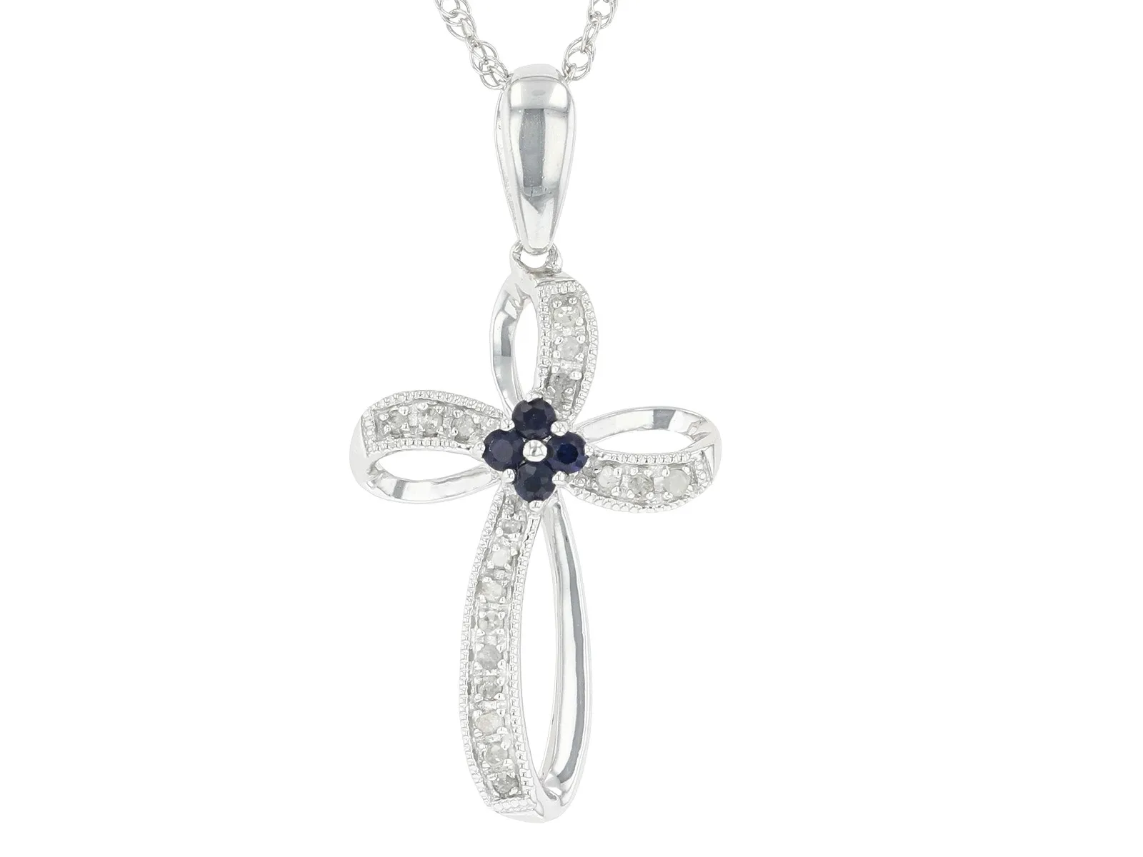Blue Sapphire And White Diamond Cross Pendant With Rope Chain,Rhodium