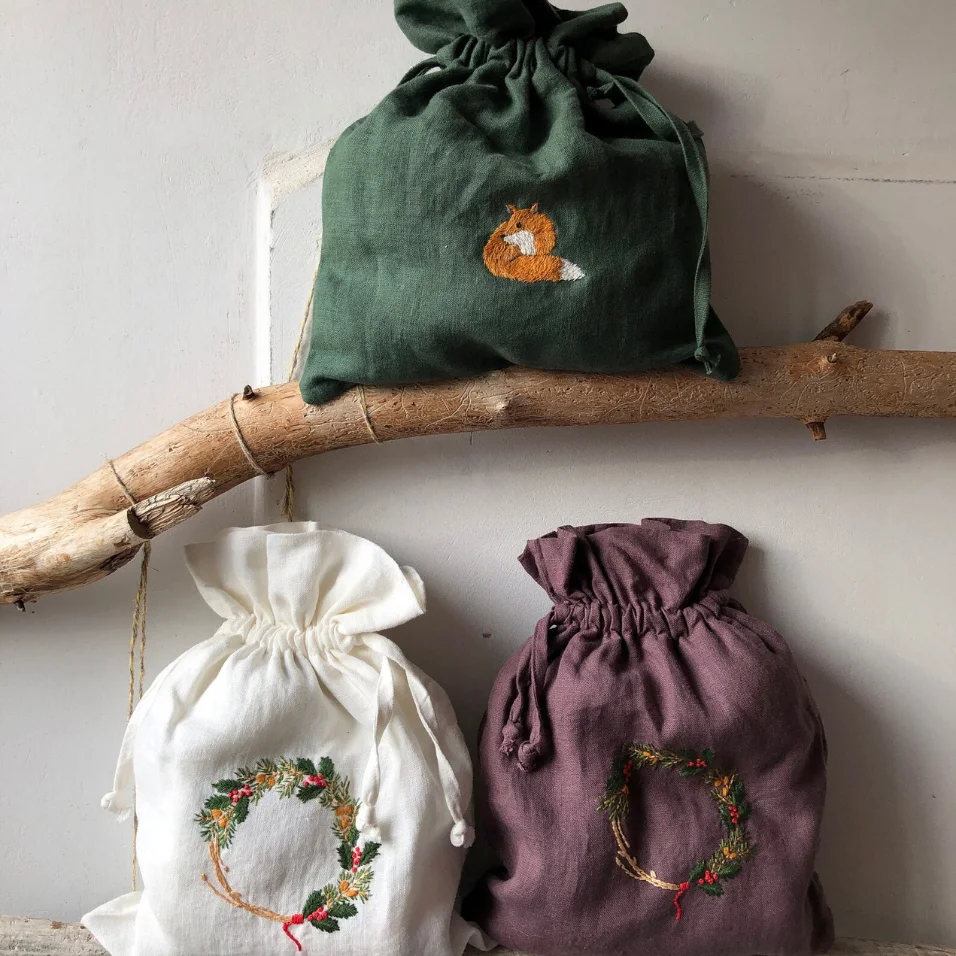 Hand Embroidered Linen Bag With Embroidery Different Colors Linen