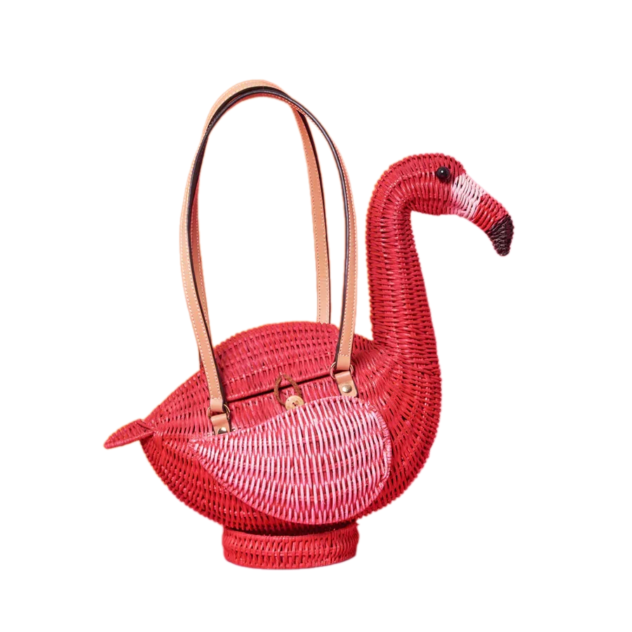 Hot Trend Rattan Pink Flamingo Handbag For Women Rattan Animal Shaped