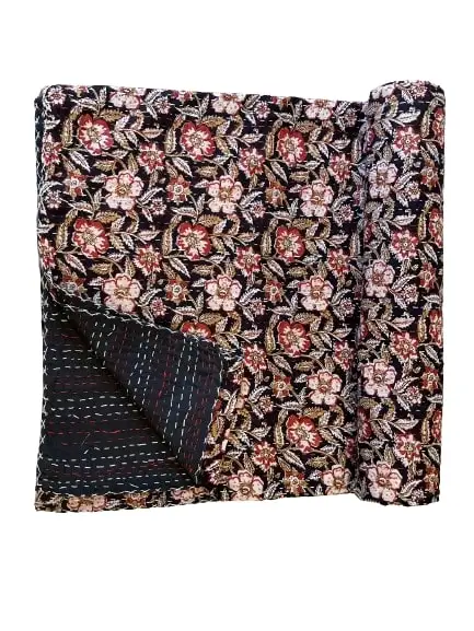 Kantha Quilt Black Floral Handmade Beige Kantha Bedspread Indian Cotton ...