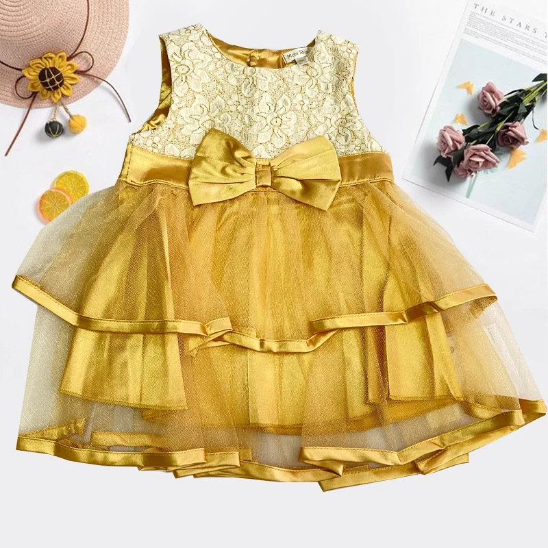 Whole Sale Baby Girl Dress Golden Pattern Dress For Baby 39 Months Made From Polyester And