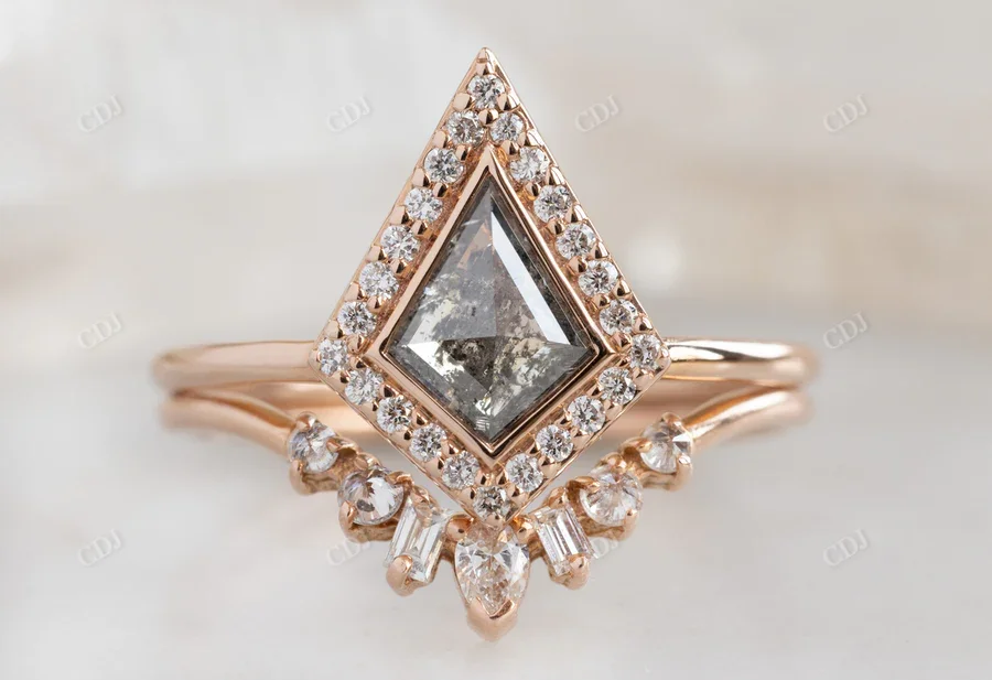 Designer Natural Kite Cut Grey Salt And Pepper Diamond Ring Halo ...