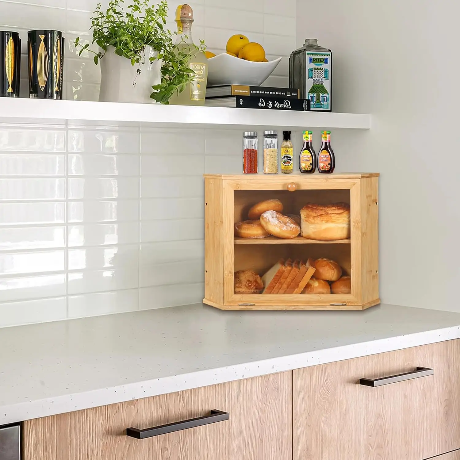 Double Layer Corner Bread Box Bamboo Large Capacity Breadbox Bread