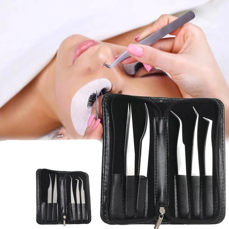 Salon Eyelash Tweezers Set Leather Zipper Case 6 Piece Set Eyelash