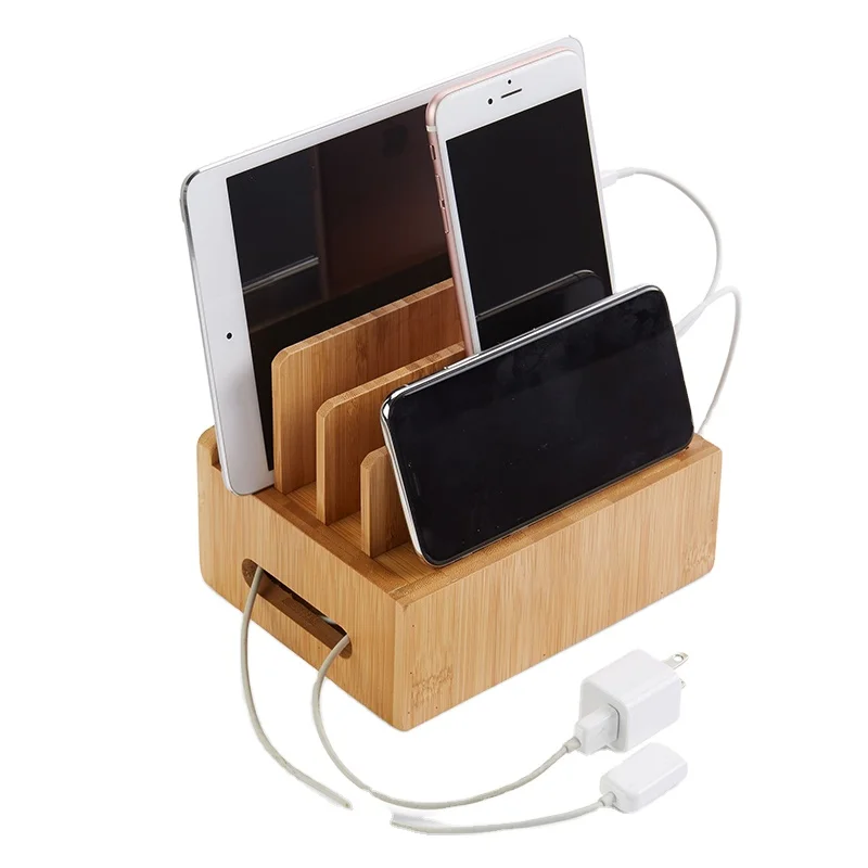 Bamboo Charging Station & Multi Device Organizer,Desktop Cord Organizer